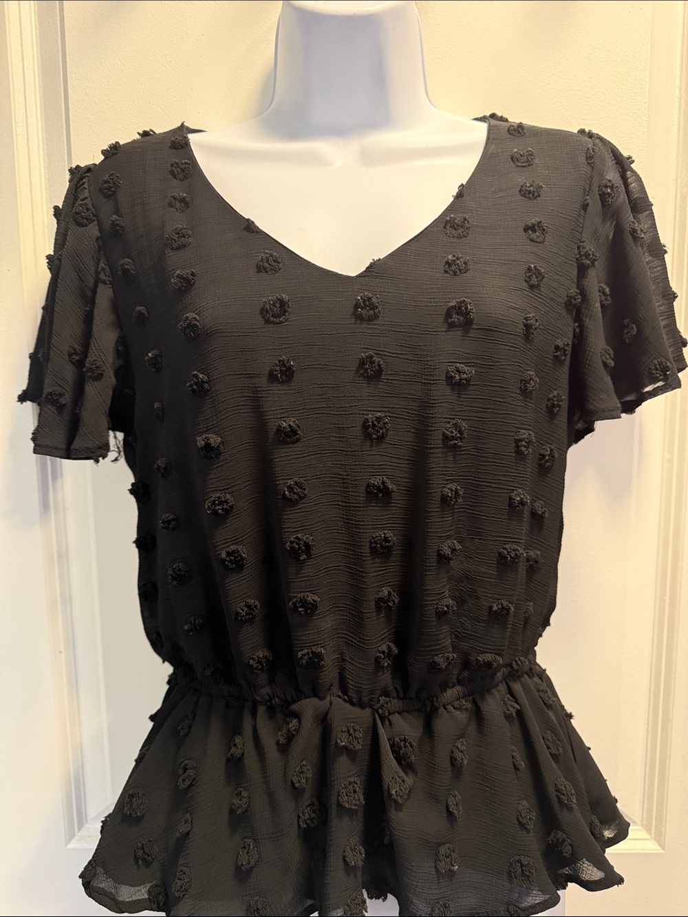 SO Black Textured Pom-Peplum Blouse